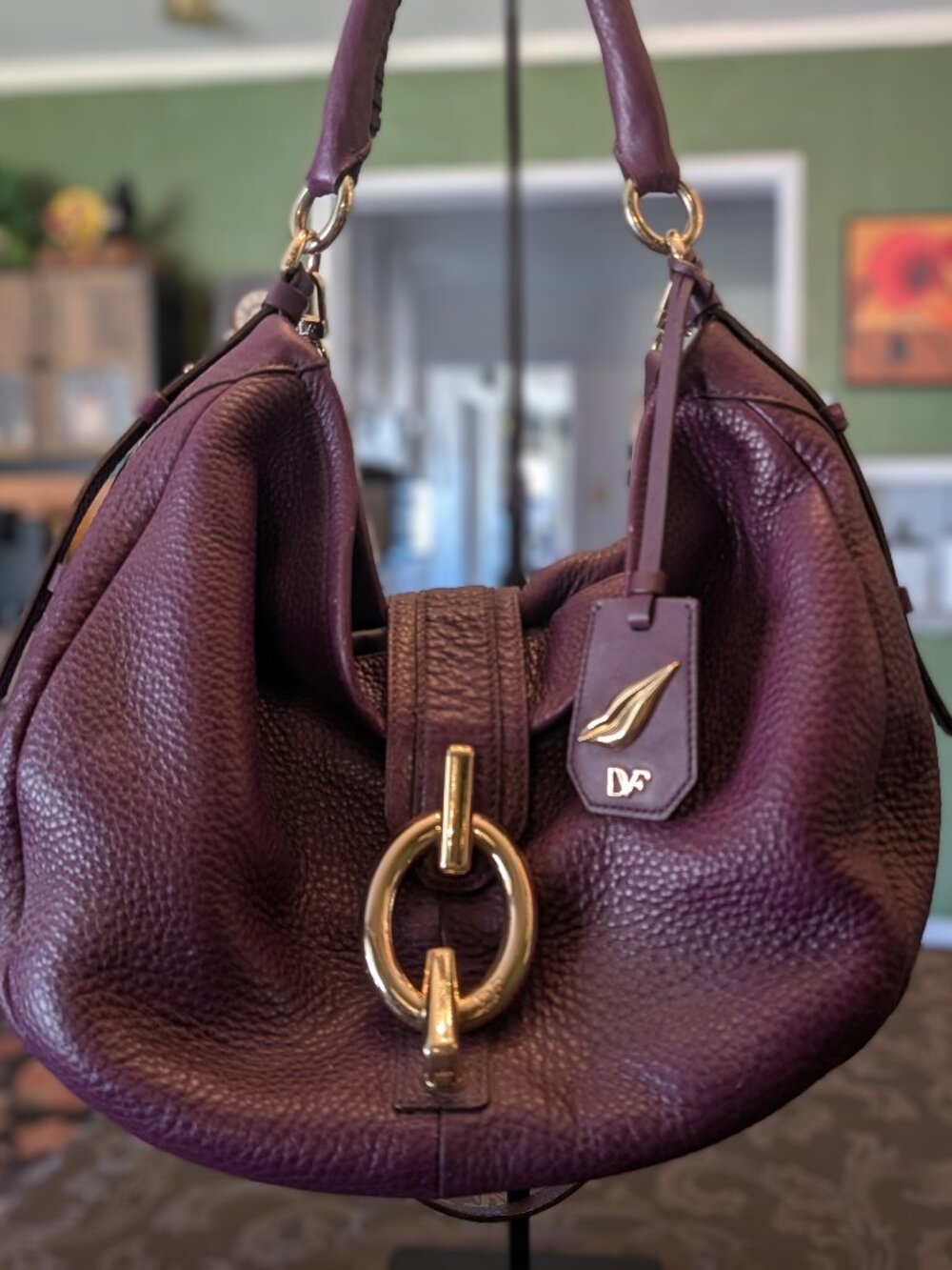 Diane Von Furstenberg Sutra Deep Grain Pebbled Leather Purple Hobo